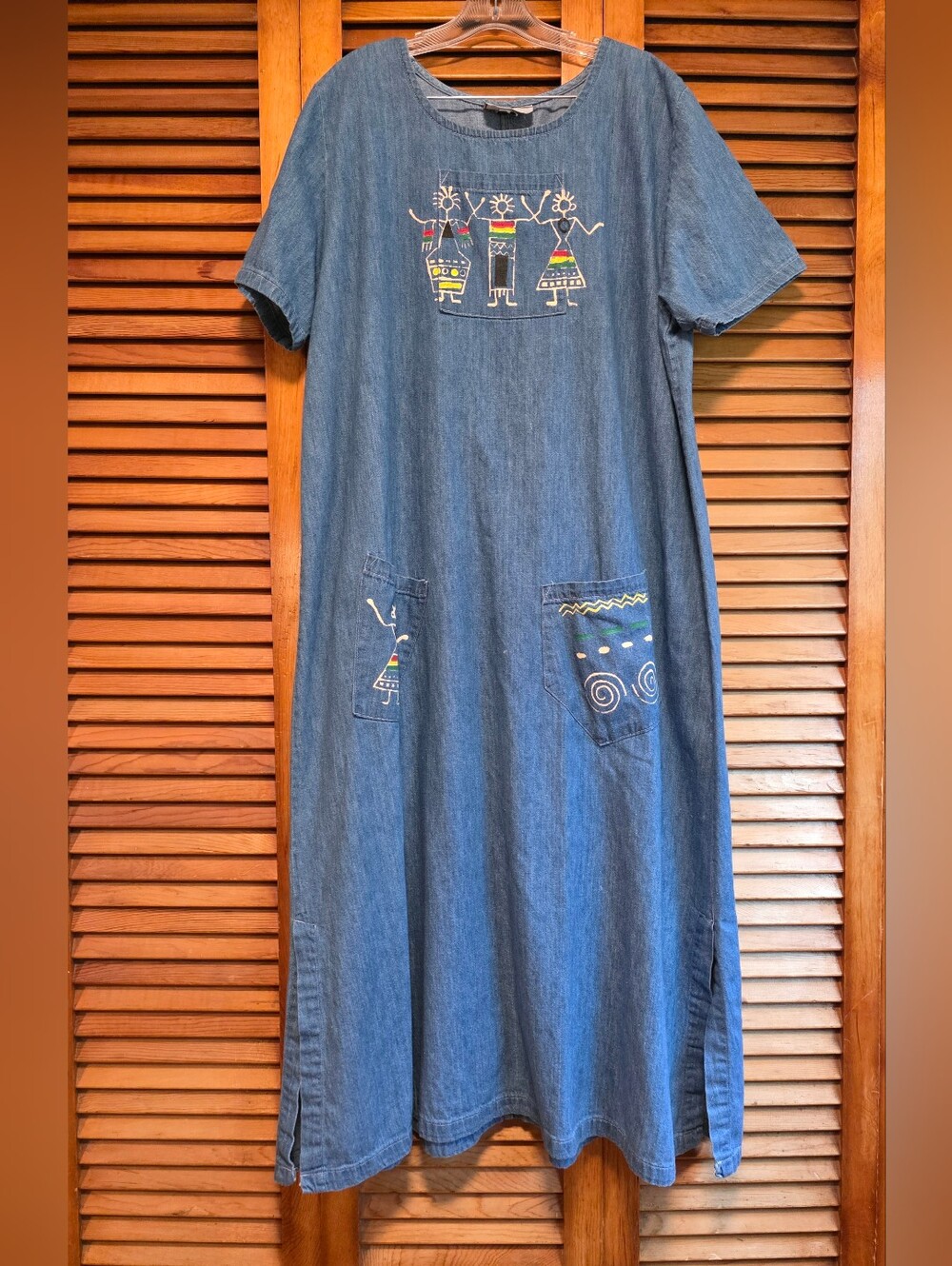Vintage Cover Charge Rasta Chambray Denim Maxi Dress Boho 90s Folk Art XL